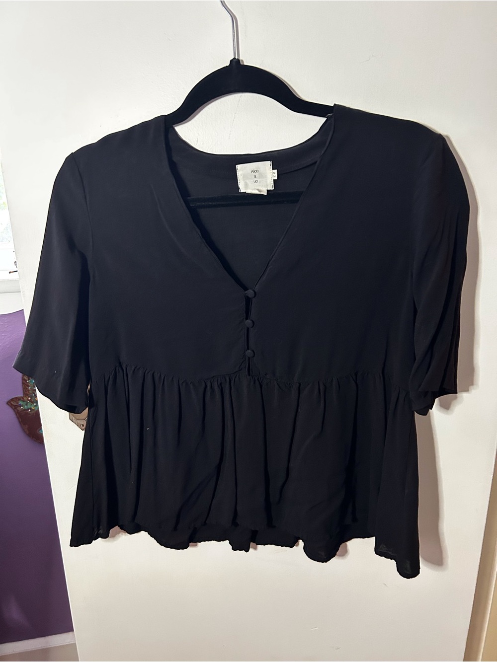 Urban Outfitters Black V-Neck Peplum Button Blouse